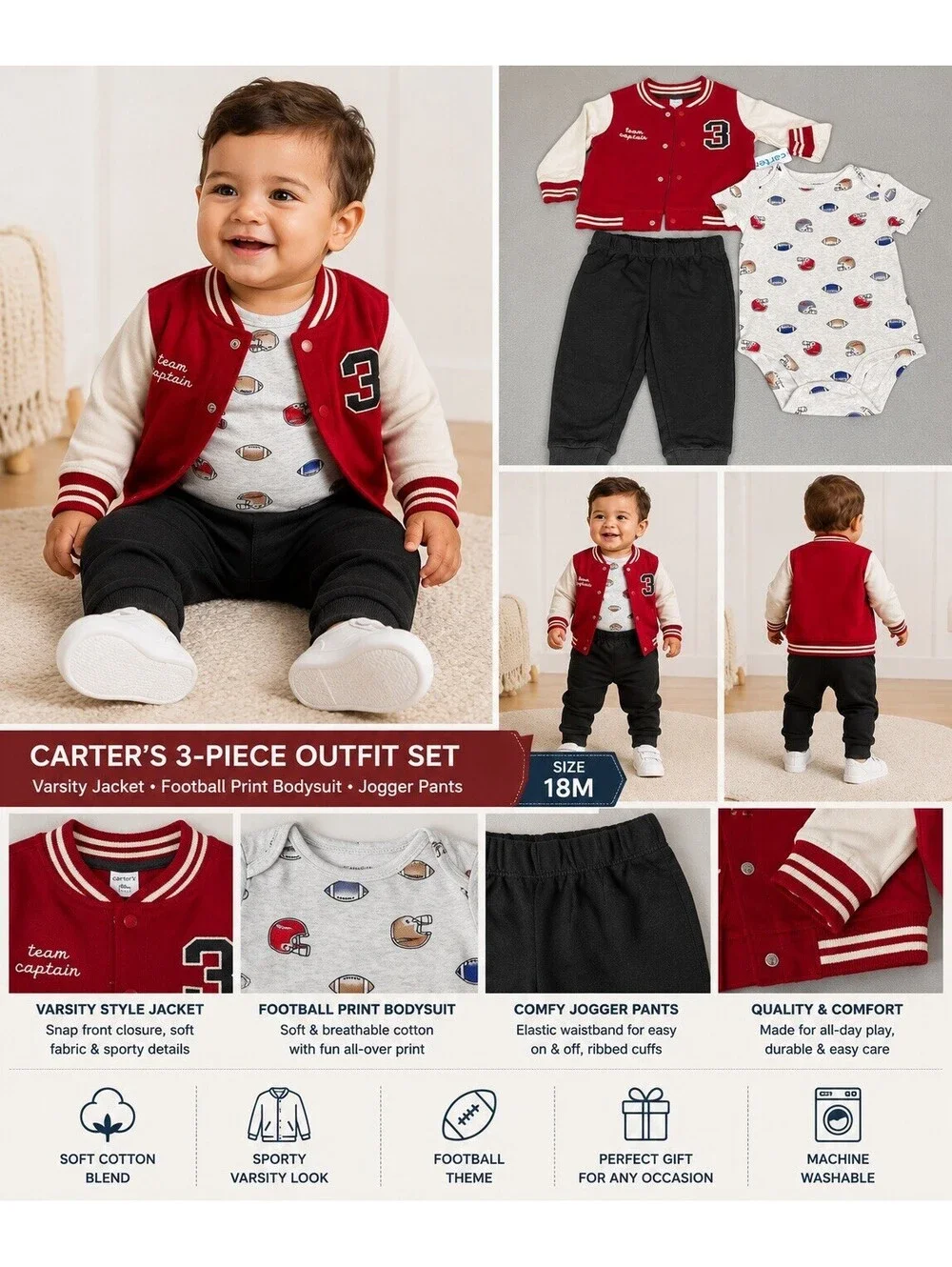 Carter's Boys 3-Piece Outfit Set 18M NWT Varsity Jacket Bodysuit Pants Gray Red